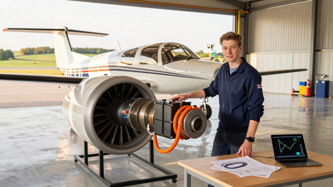 Junger Mann steht neben Flugzeugtriebwerk und Tisch mit Laptop und technischen Zeichnungen in Hangar.