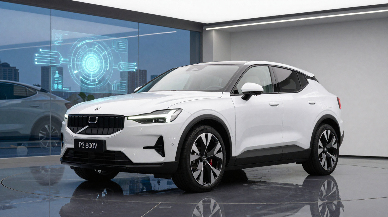 Weißer Polestar 2 Elektro-SUV in modernem Showroom mit digitaler Anzeige im Hintergrund.