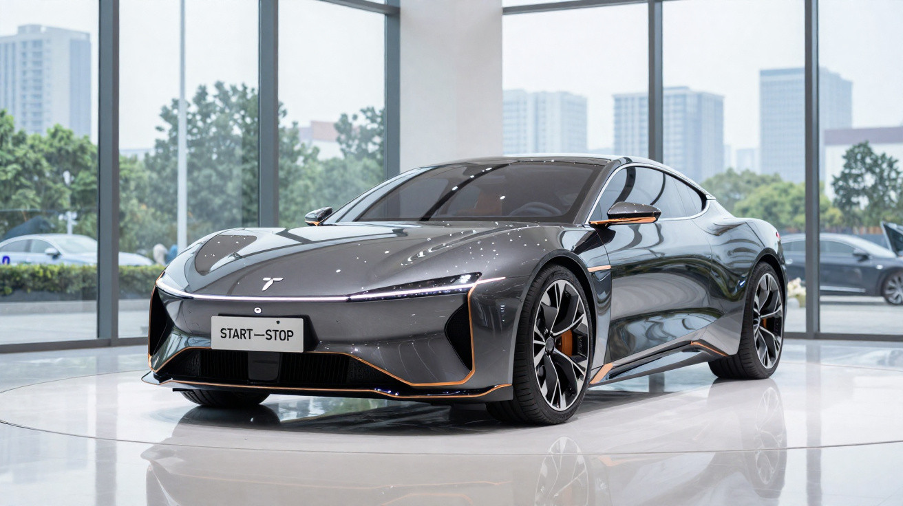 Schwarzes Tesla-Sportcoupé mit Start-Stop-Kennzeichen in modernem Ausstellungsraum vor Panoramafenstern.