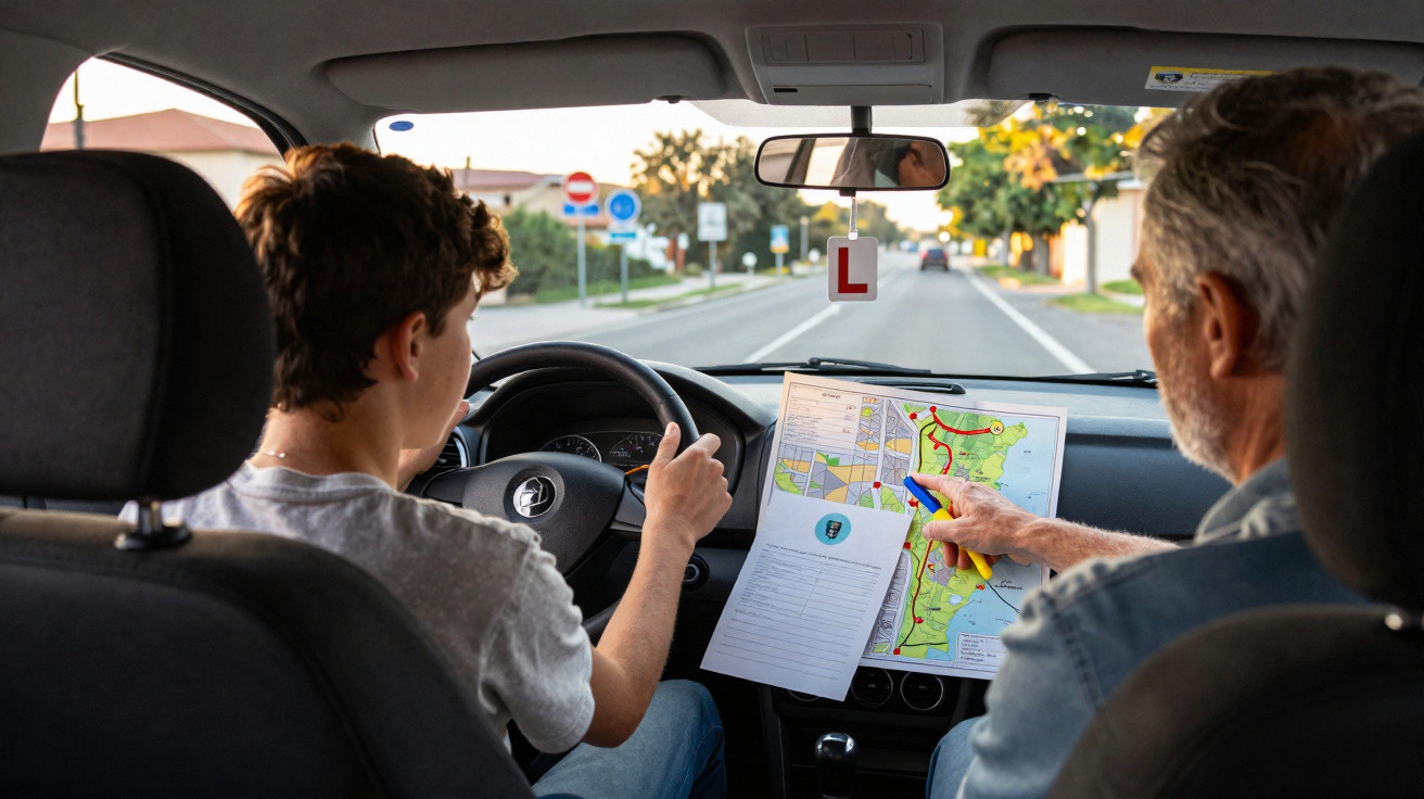 Junger Fahrer und Fahrlehrer im Auto, Fahrlehrer zeigt auf Straßenkarte während der Fahrstunde.