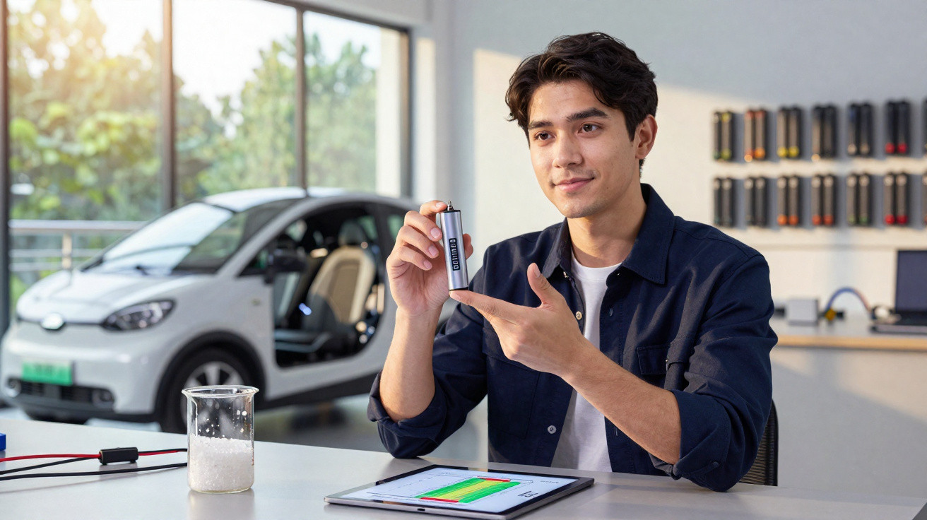 Junger Mann zeigt eine Batterie in Laborumgebung mit elektrischem Auto und Tablet im Hintergrund.