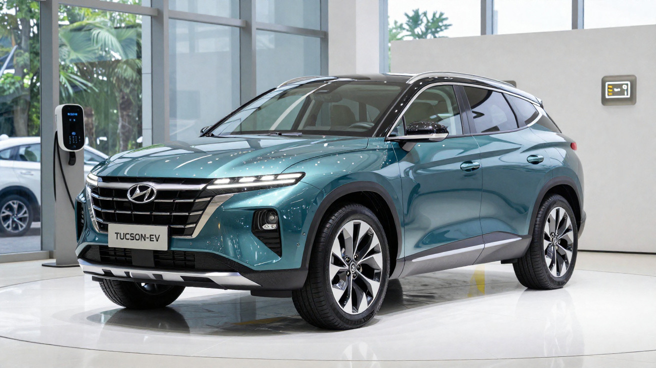 Blauer Hyundai Tucson-EV Elektro-SUV in Ausstellungshalle vor Ladestation, parkend und seitlich sichtbar.