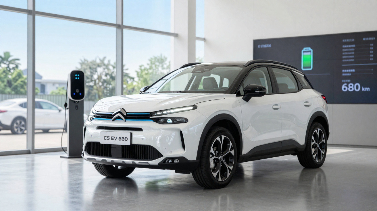 Weißer Citroën C5 EV 680 Elektro-SUV in moderner Ausstellung mit Ladestation und Reichweitenanzeige.