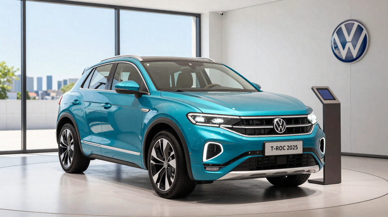 Blauer Volkswagen T-Roc 2025 SUV in modernem Ausstellungsraum mit großen Fenstern und VW-Logo an der Wand.