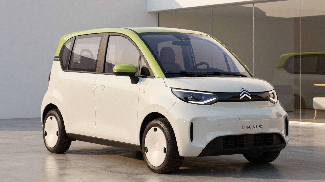 Kompakter Citroën Neo Kleinwagen in Weiß mit grünen Akzenten vor moderner Glasfassade.