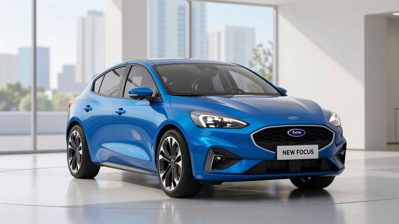 Blauer Ford New Focus Kombi, moderner Innenraum mit großen Fenstern und Stadtblick im Hintergrund.