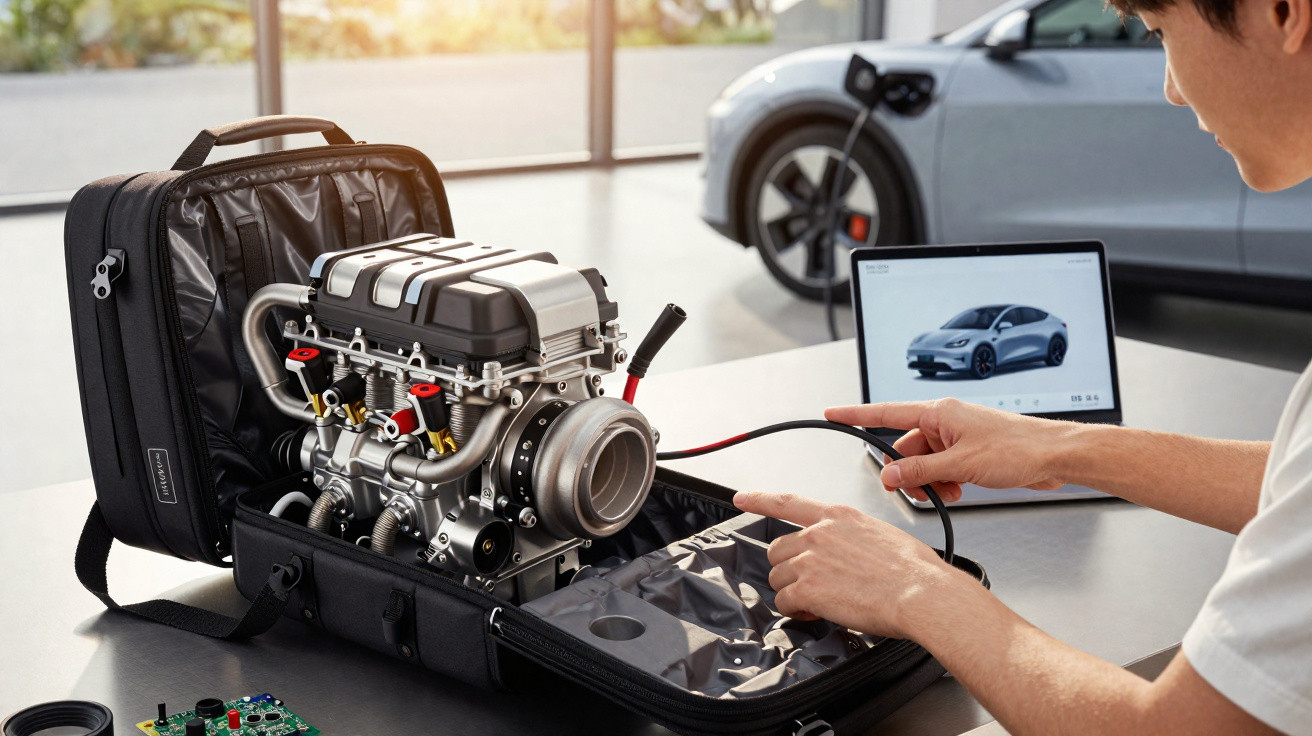 Junge testet Motor im Koffer, neben Laptop mit Autoabbildung, Elektroauto im Hintergrund sichtbar.