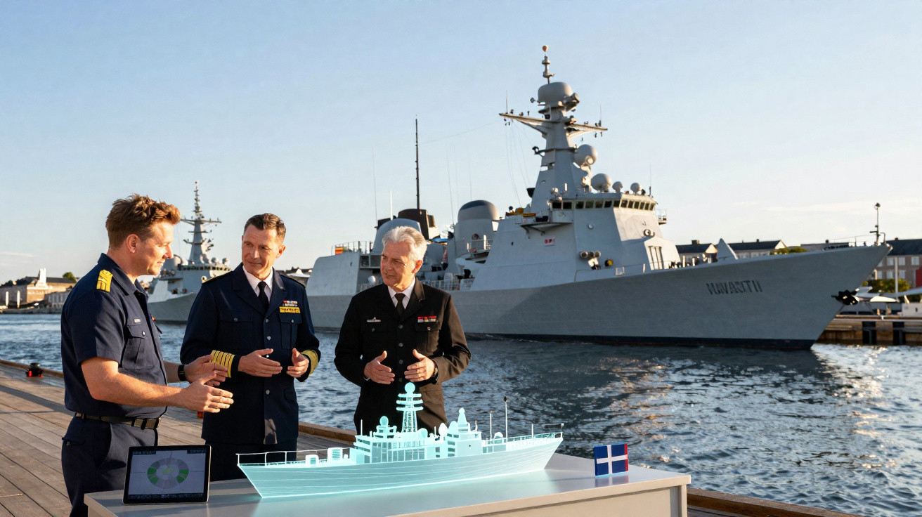 Drei Marineoffiziere diskutieren vor einem Kriegsschiff und einem holografischen Schiffmodell an einem Hafenpier.