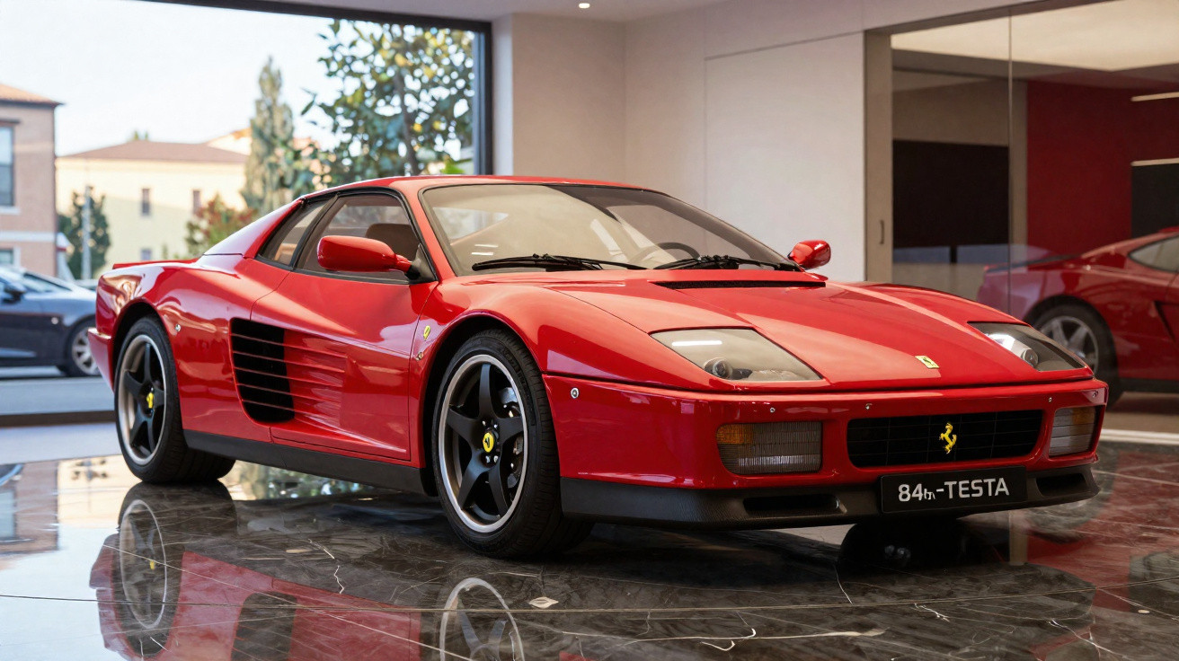 Roter Ferrari 348 TS Sportwagen steht in einem modernen Showroom auf glänzendem Marmorfußboden.