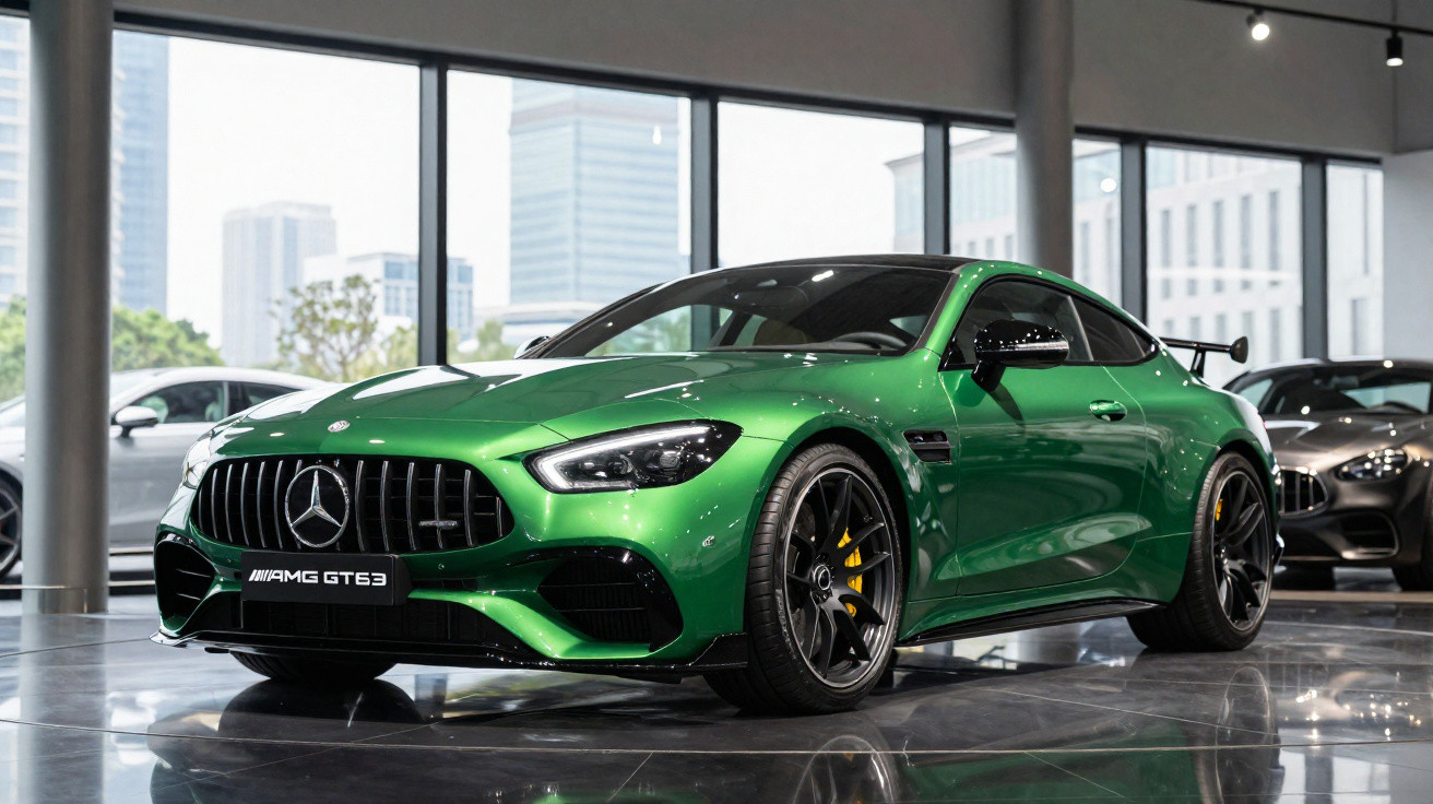 Grüner Mercedes-AMG GT63 steht in modernem Showroom mit großen Fenstern und Stadtblick.