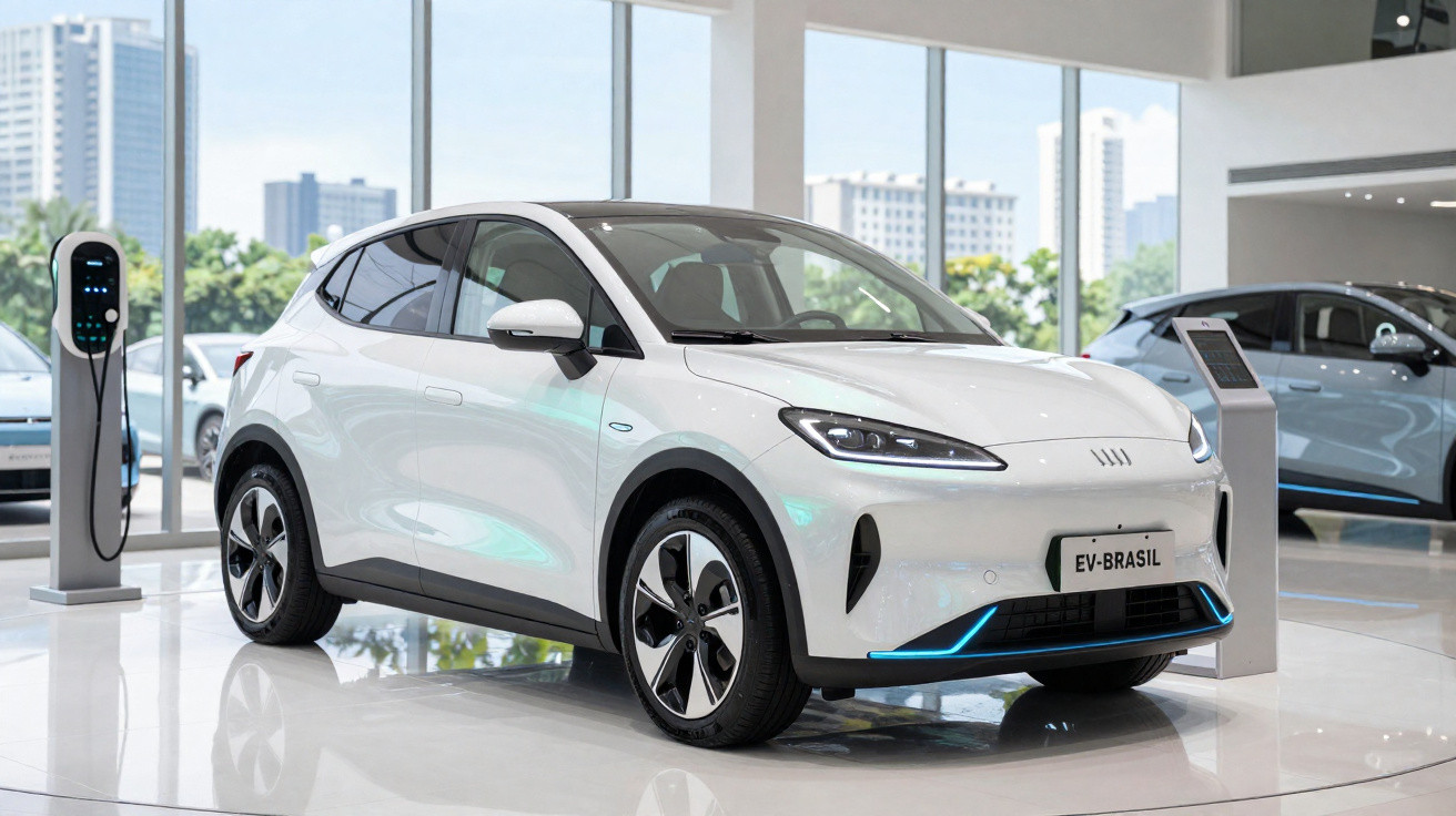 Weißes Elektro-SUV steht in hellem Autohaus neben Ladestation und Informationsdisplay.