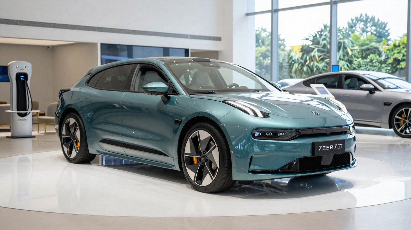 Blauer Zeer 7 GT Elektroauto in modernem Showroom vor Ladestation und Fenster mit Außenblick.