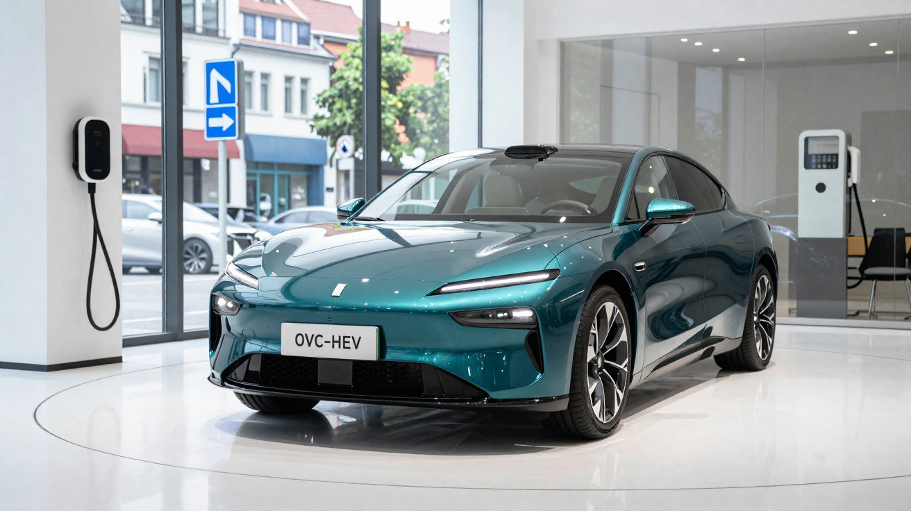 Blau-grünes Elektroauto in einem modernen Autohaus neben Ladestation und großem Fensterfront.