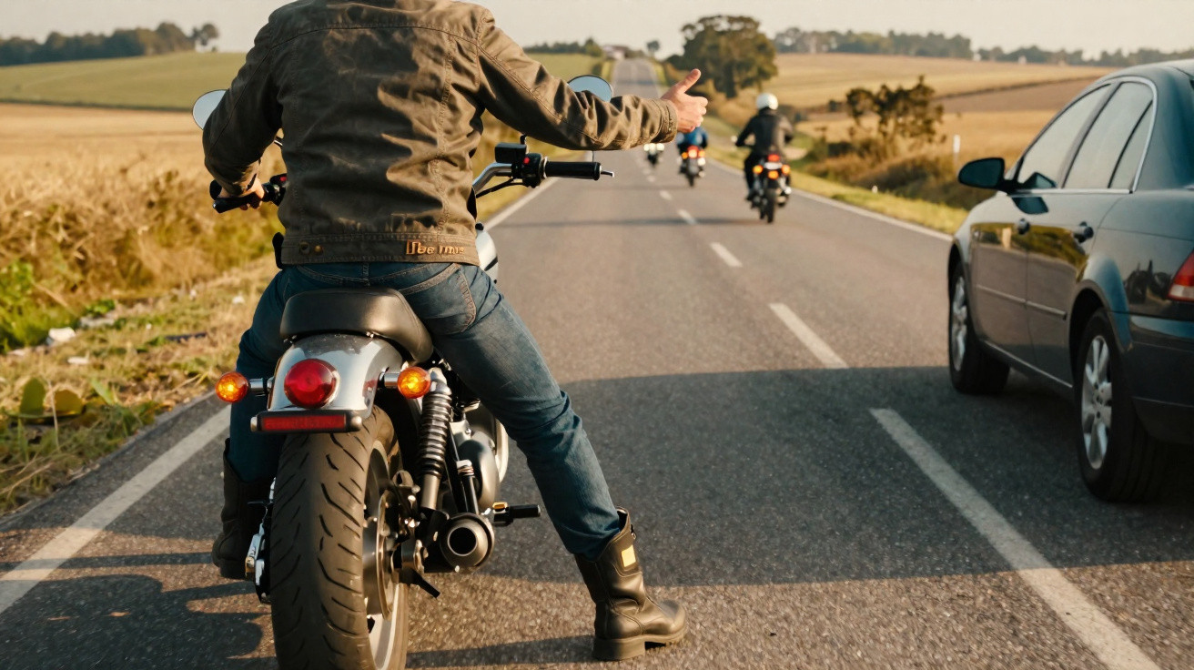 Motorradfahrer gibt Mitfahrzeichen auf Landstraße mit weiteren Bikes und Auto bei sonnigem Wetter.
