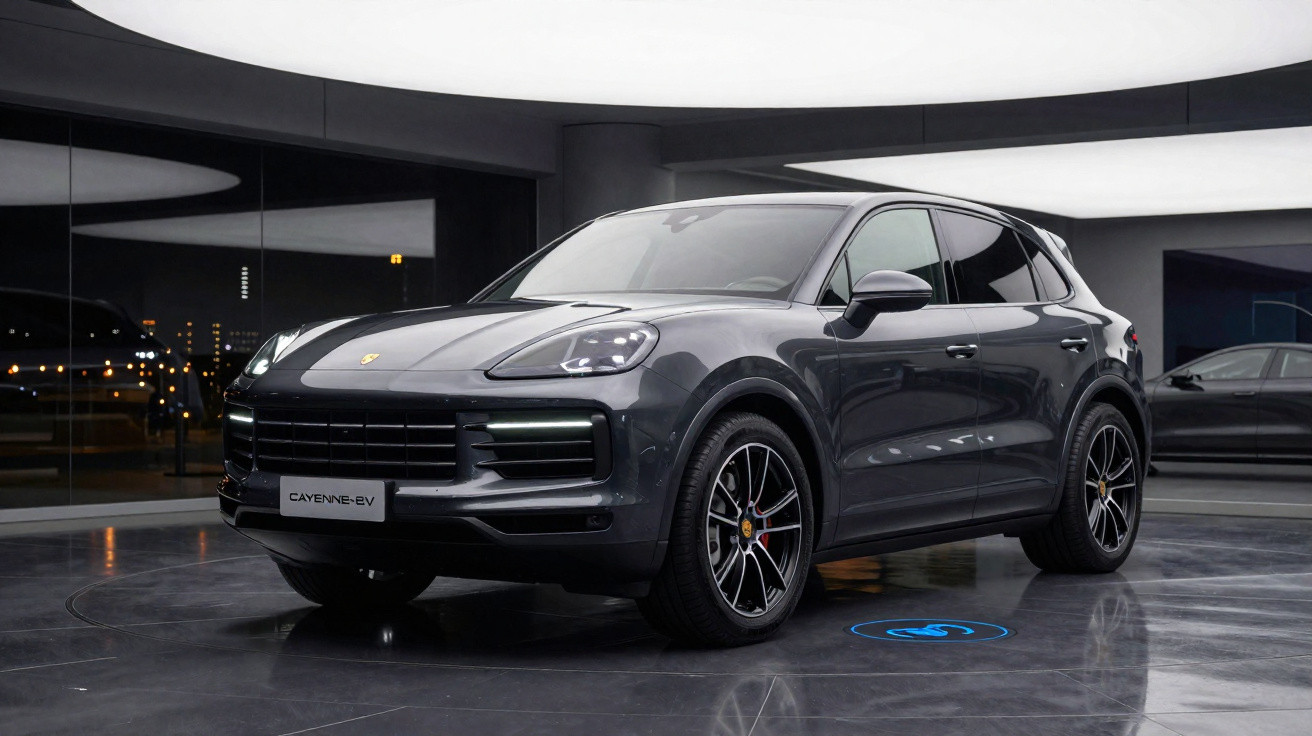 Dunkelgrauer Porsche Cayenne EV SUV in modernem Ausstellungsraum bei Nacht mit Spiegelung auf glänzendem Boden.