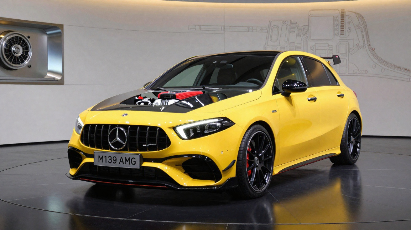 Gelber Mercedes-AMG A-Klasse mit offener Motorhaube, schwarzem Dach und sportlichem Design in Ausstellungshalle.