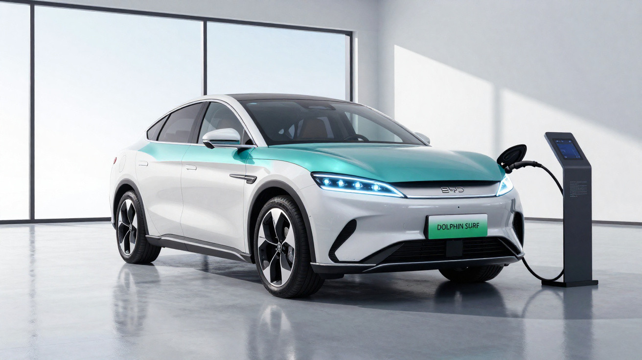 Elektroauto BYD Dolphin Surf lädt an Ladestation in hellem Raum mit großen Fenstern.