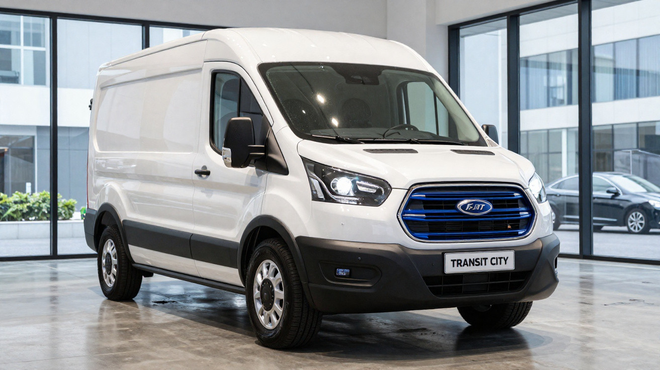 Weißer Ford Transit City Lieferwagen in moderner Halle mit großen Fenstern und glänzendem Boden.