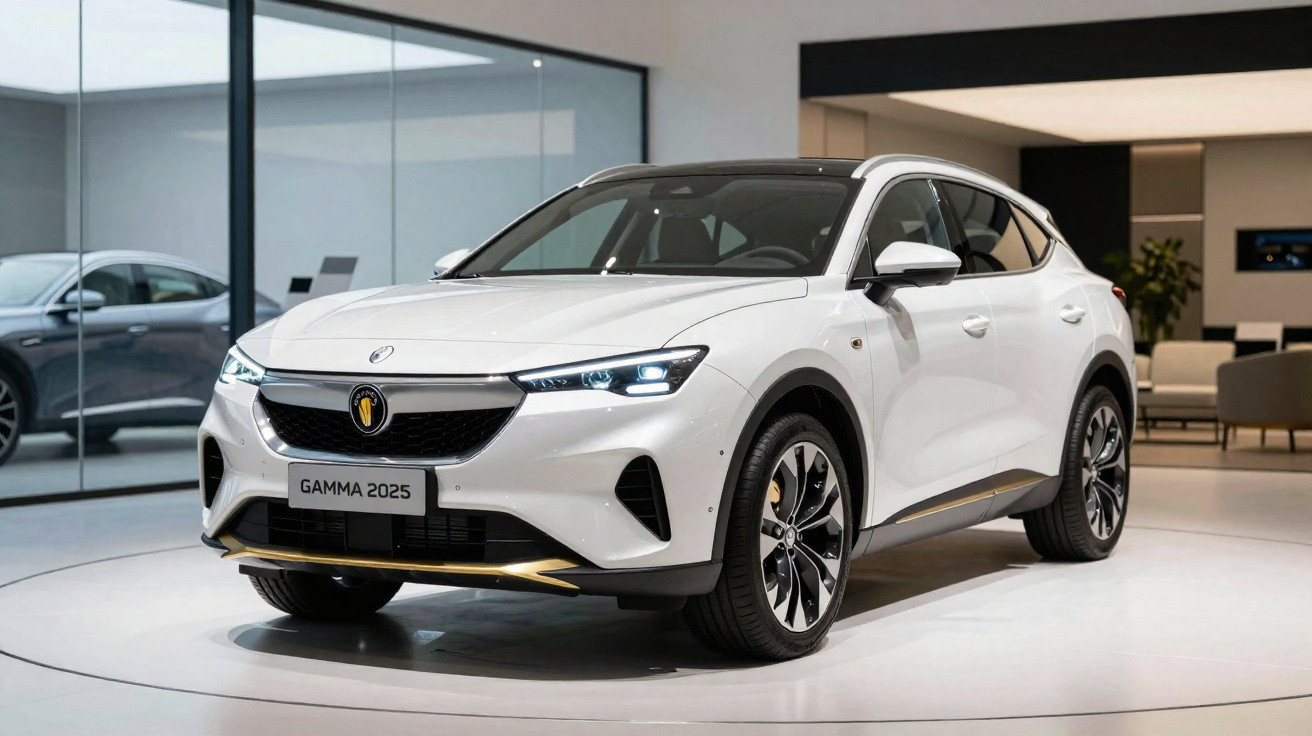 Weißes modernes SUV Modell Gamma 2025 in einem Ausstellungsraum mit Glaswänden und Möbeln.