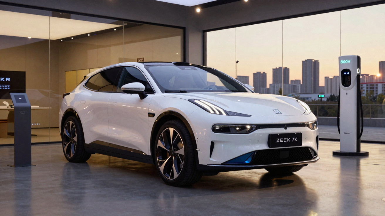Weißes Elektroauto Zeek 7X steht in einer modernen Garage neben einer Ladestation bei Sonnenuntergang.