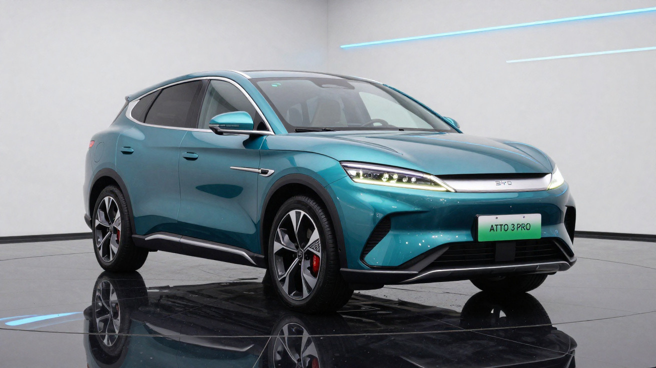 Türkisfarbener Atto 3 Pro Elektro-SUV auf spiegelndem Boden in modernem Ausstellungsraum.
