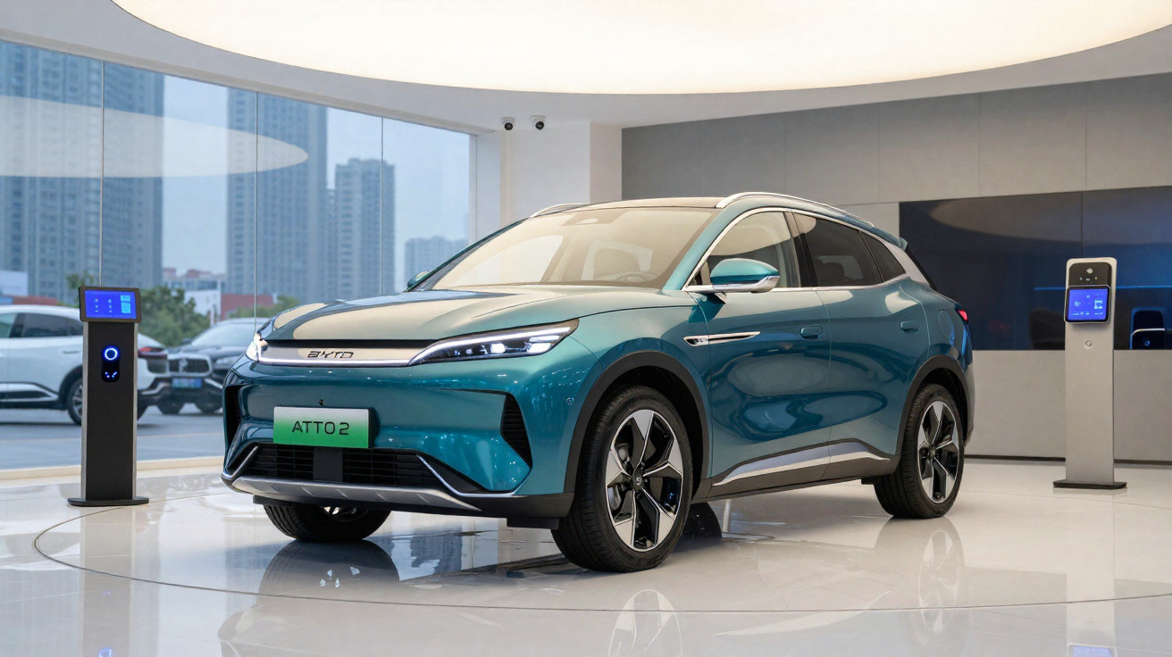 Blauer BYD Atto 2 Elektro-SUV in modernem Showroom mit Ladestationen und großer Fensterfront.