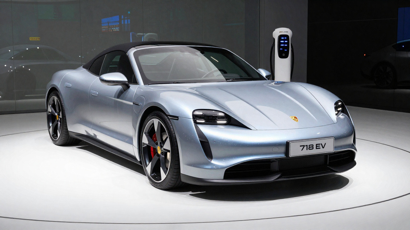 Silberner Porsche 718 EV Sportwagen vor einer Ladestation in einem Ausstellungsraum.