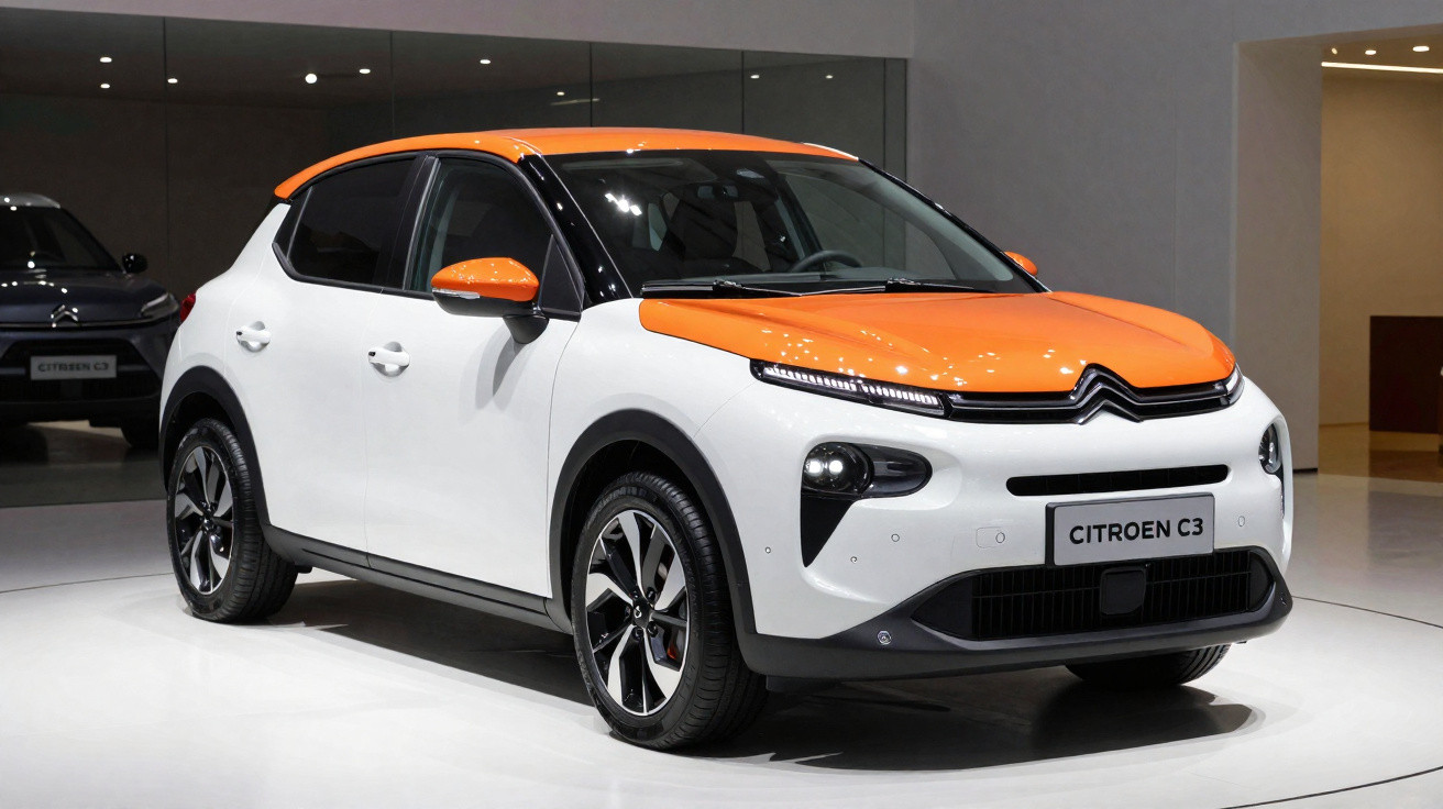 Weiß-orange lackierter Citroën C3 Kleinwagen in moderner Ausstellung mit glänzenden Felgen und LED-Scheinwerfern.