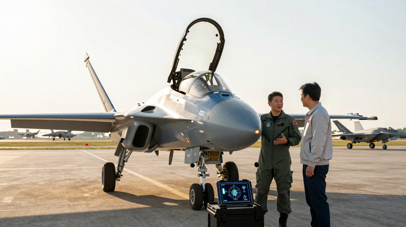 Zwei Männer stehen neben einem modernen Kampfjet auf einem Flugfeld, eine Technikablage mit Monitor davor.