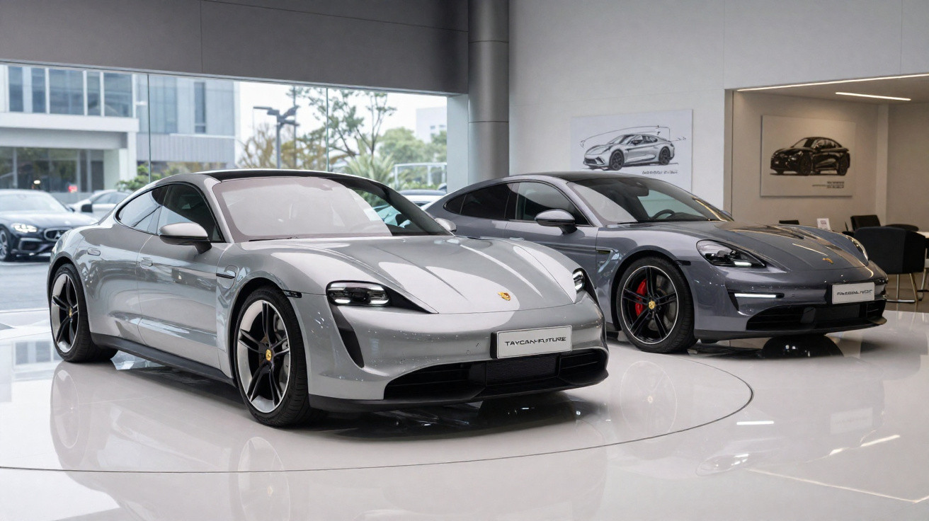 Zwei graue Porsche Taycan-Elektroautos stehen in einem modernen Showroom nebeneinander auf glänzendem Boden.