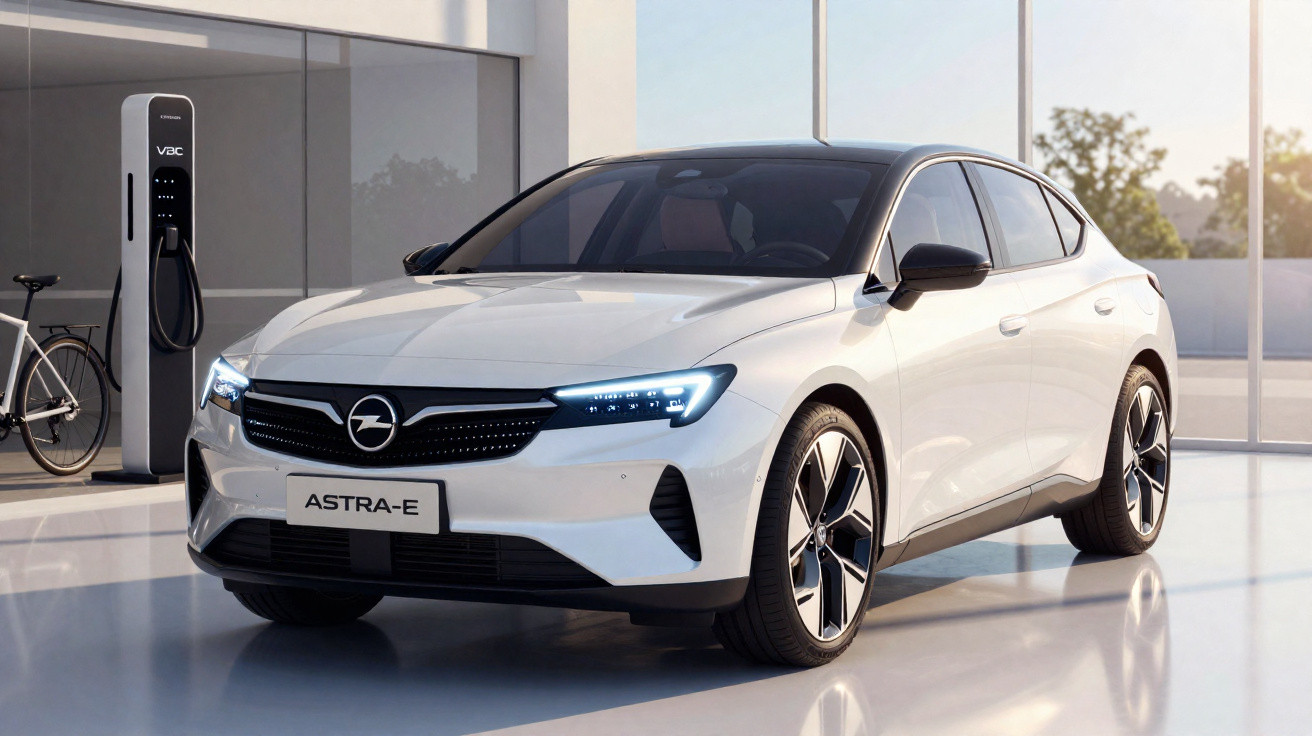 Weißer Opel Astra-E Elektroauto steht in heller Garage neben Ladestation mit eingeschaltetem Scheinwerfer.