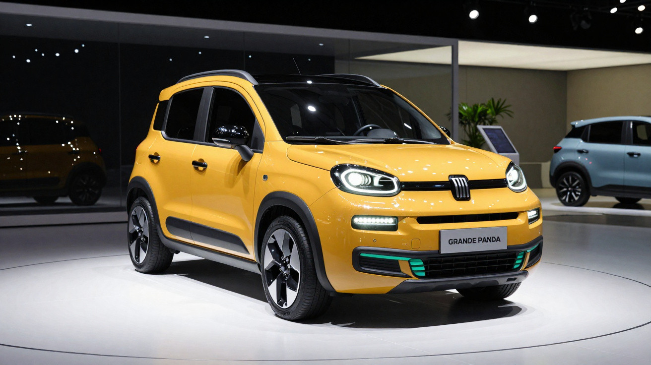 Gelber Fiat Grande Panda Kleinwagen auf weißem Ausstellungspodest in moderner Messehalle.