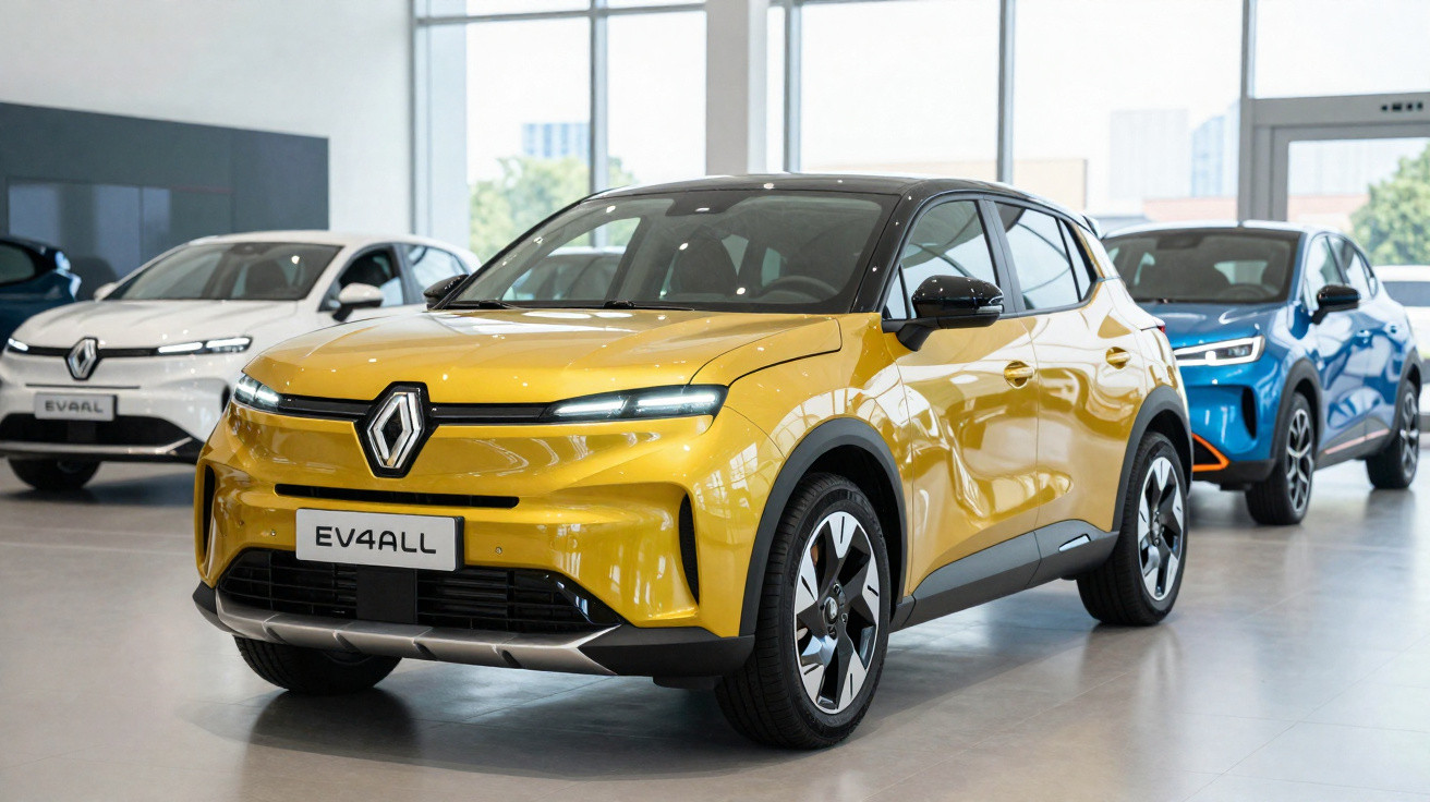 Gelber Renault EV4ALL Elektro-SUV im Showroom, dahinter weißes und blaues Modell sichtbar.