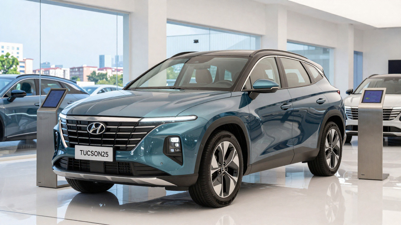 Blaues Hyundai Tucson 2025 SUV im modernen Autohaus mit digitaler Informationsanzeige neben dem Fahrzeug.