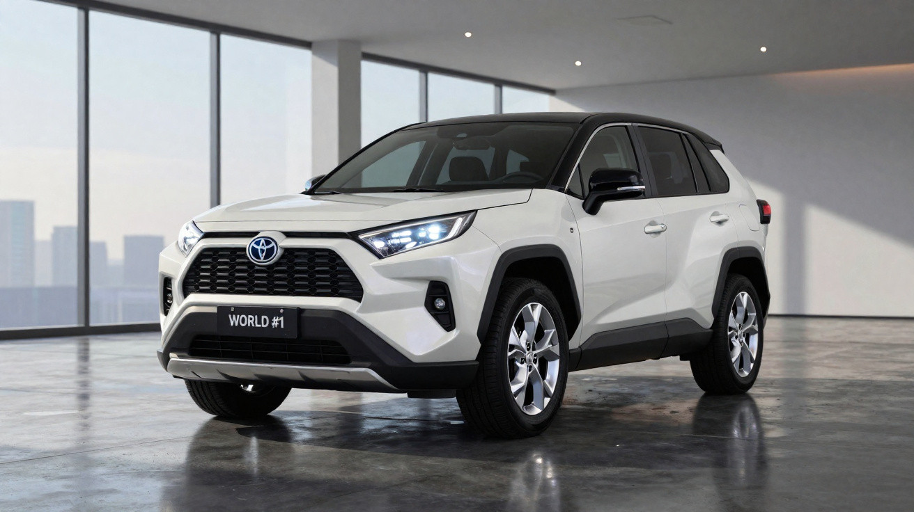 Weißer Toyota SUV mit schwarzem Dach in modernem, hellen Showroom mit großen Fenstern.