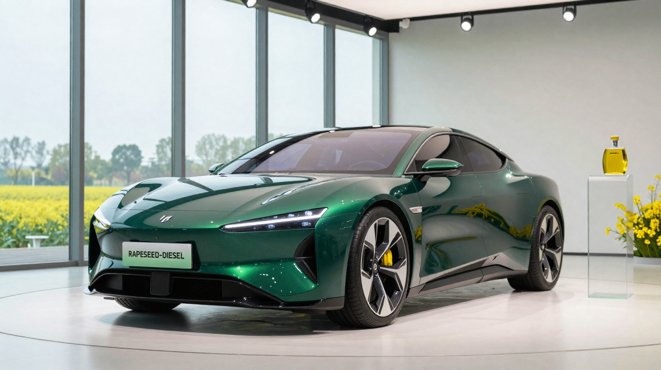 Grüner Sportwagen mit aerodynamischem Design steht in modernem Ausstellungsraum vor großen Fenstern.
