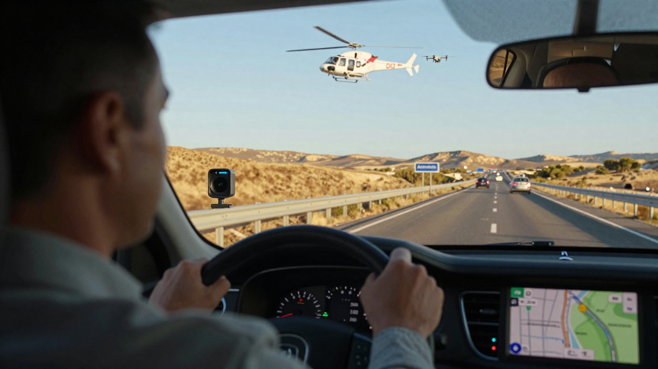 Blick aus Auto auf Straße mit Drohne und Hubschrauber, Fahrer hält Lenkrad, Navigationsgerät sichtbar.