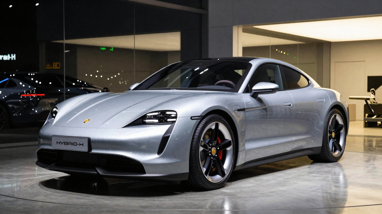 Silberner Porsche Taycan Hybrid-Sportwagen steht in einem modernen Autohaus bei Nacht.