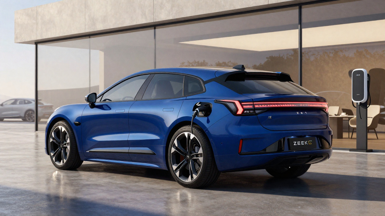Blauer Elektroauto-Zweisitzer beim Laden an Ladestation vor modernem Gebäude mit Glasfront.