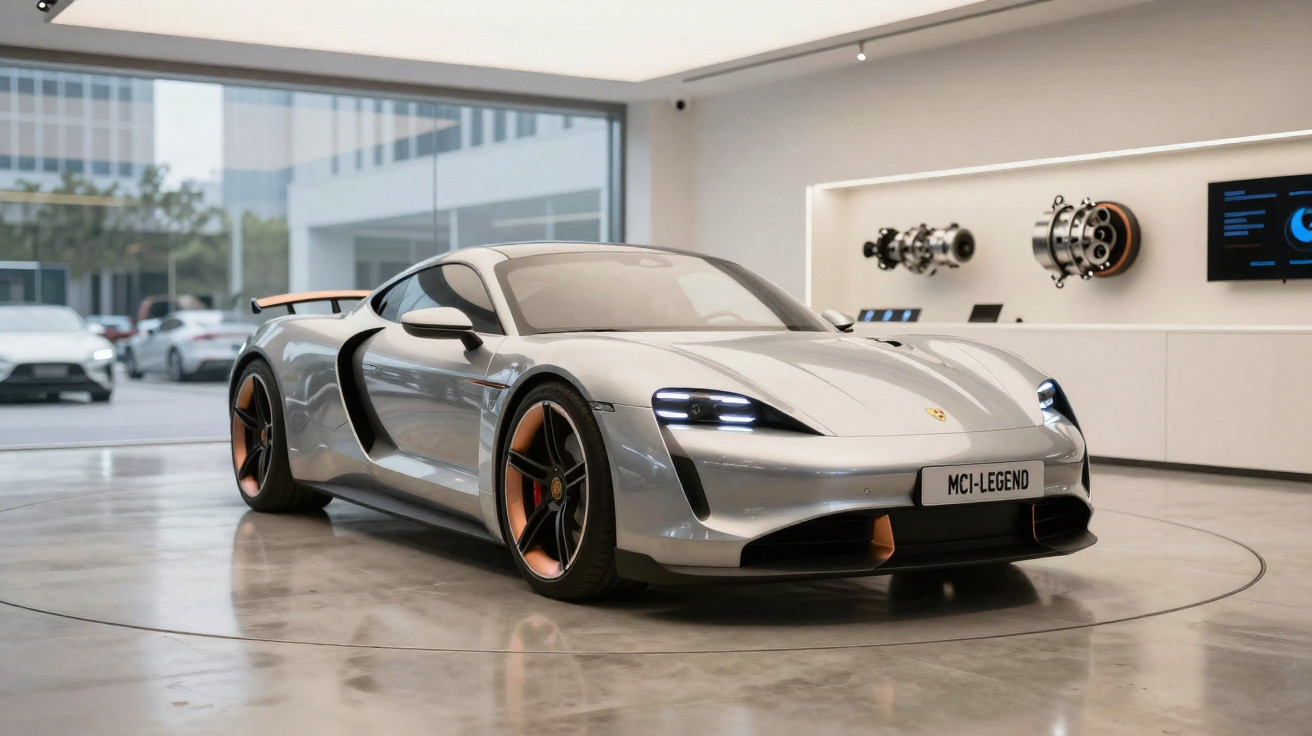 Silberner Porsche Sportwagen mit auffälligen orangefarbenen Akzenten steht in modernem Showroom.