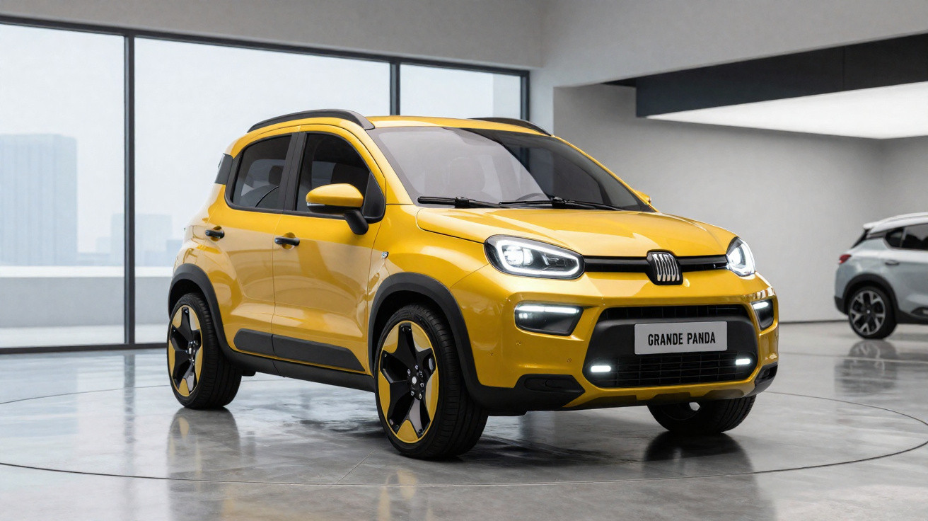 Gelber Fiat Grande Panda Kleinwagen in moderner Ausstellungshalle, Frontseite sichtbar.