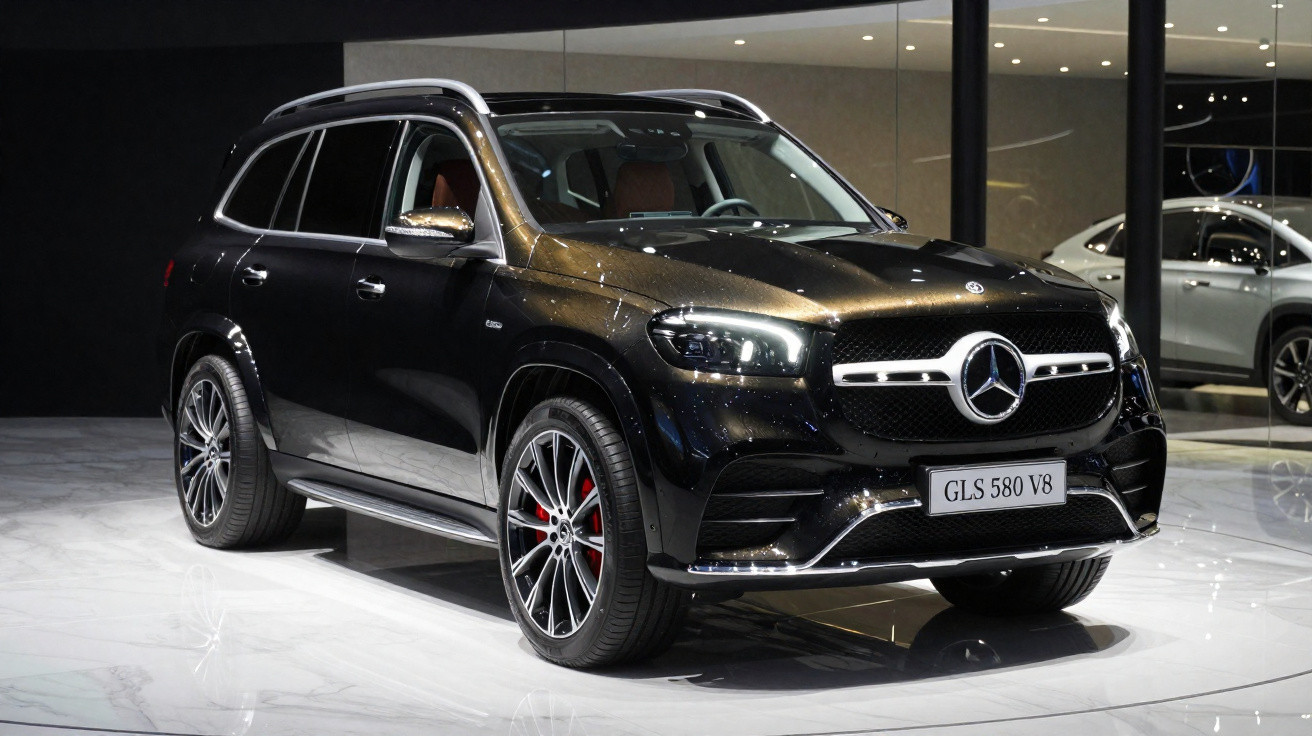 Schwarzer Mercedes GLS 580 V8 SUV in Galerie mit moderner Beleuchtung und reflektierendem Boden.