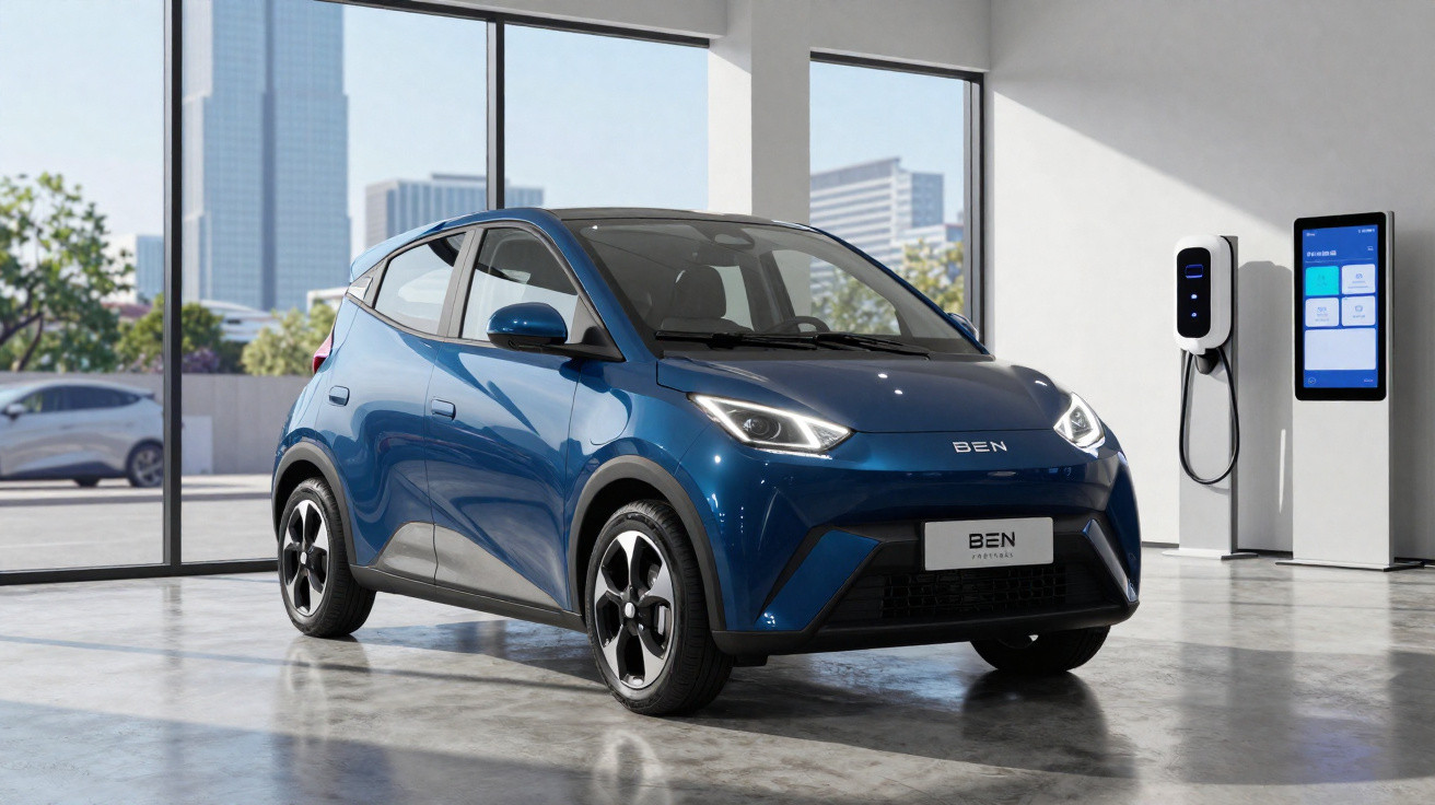 Blauer kompakter Elektroauto BEN Urban im hellen Raum mit großen Fenstern und Ladestation.