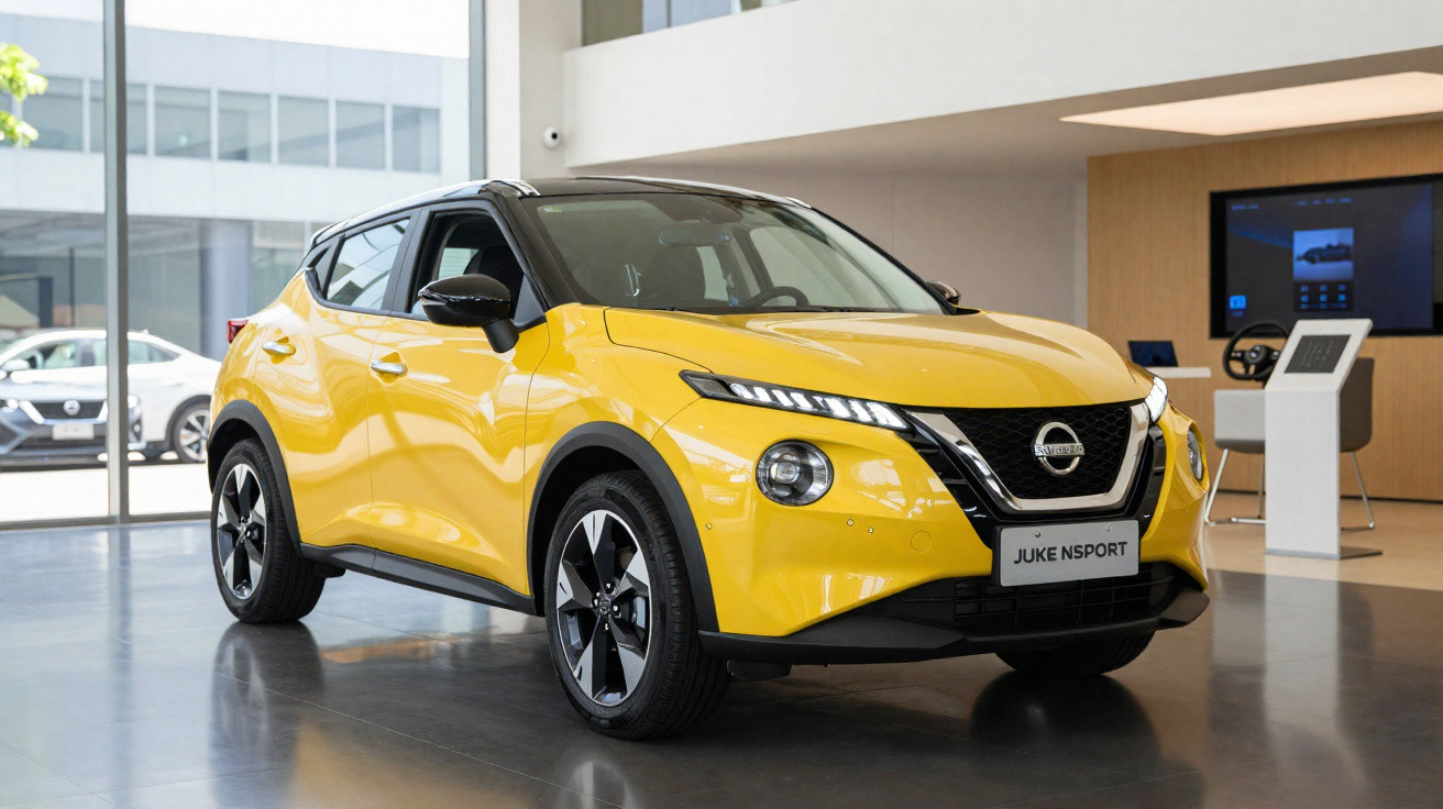 Gelber Nissan Juke N-SPORT SUV im Autohaus vor großen Fensterfronten und Präsentationsbildschirm.