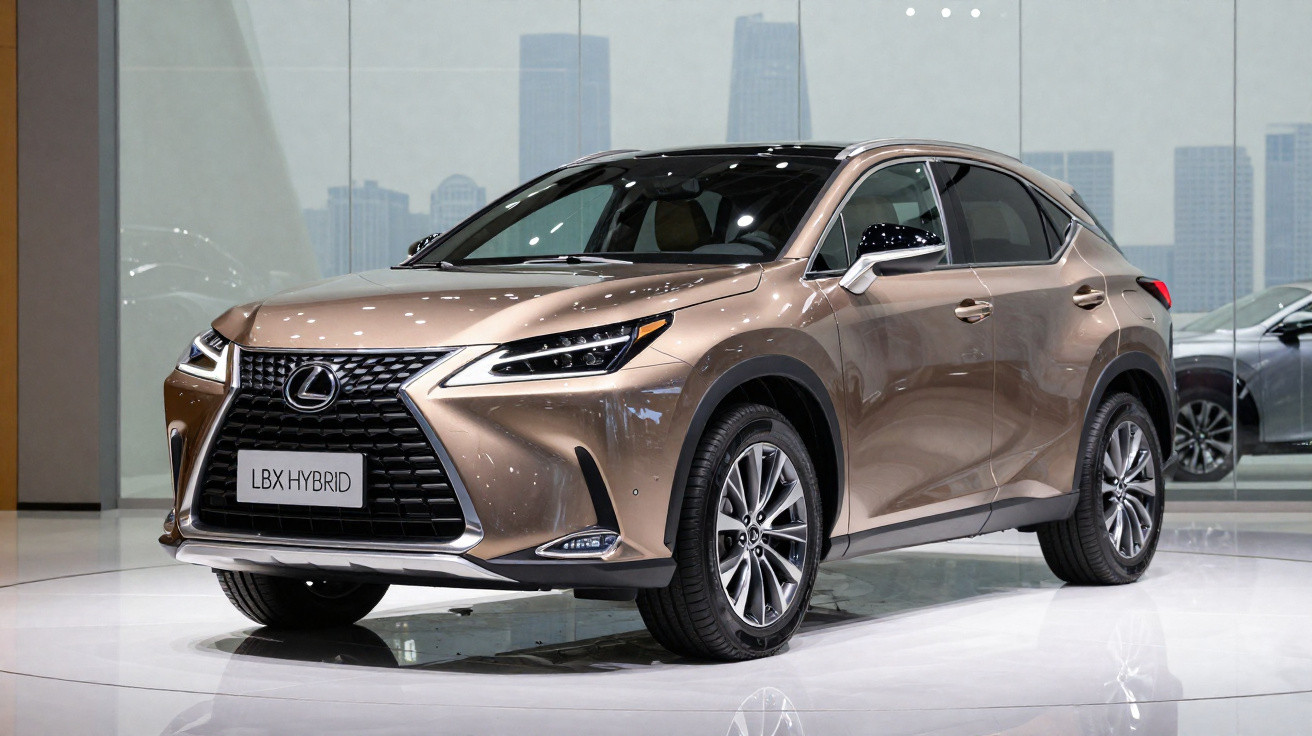 Bronzefarbener Lexus LBX Hybrid SUV, präsentiert auf weißem Messestand vor Glaswand mit Stadtansicht.