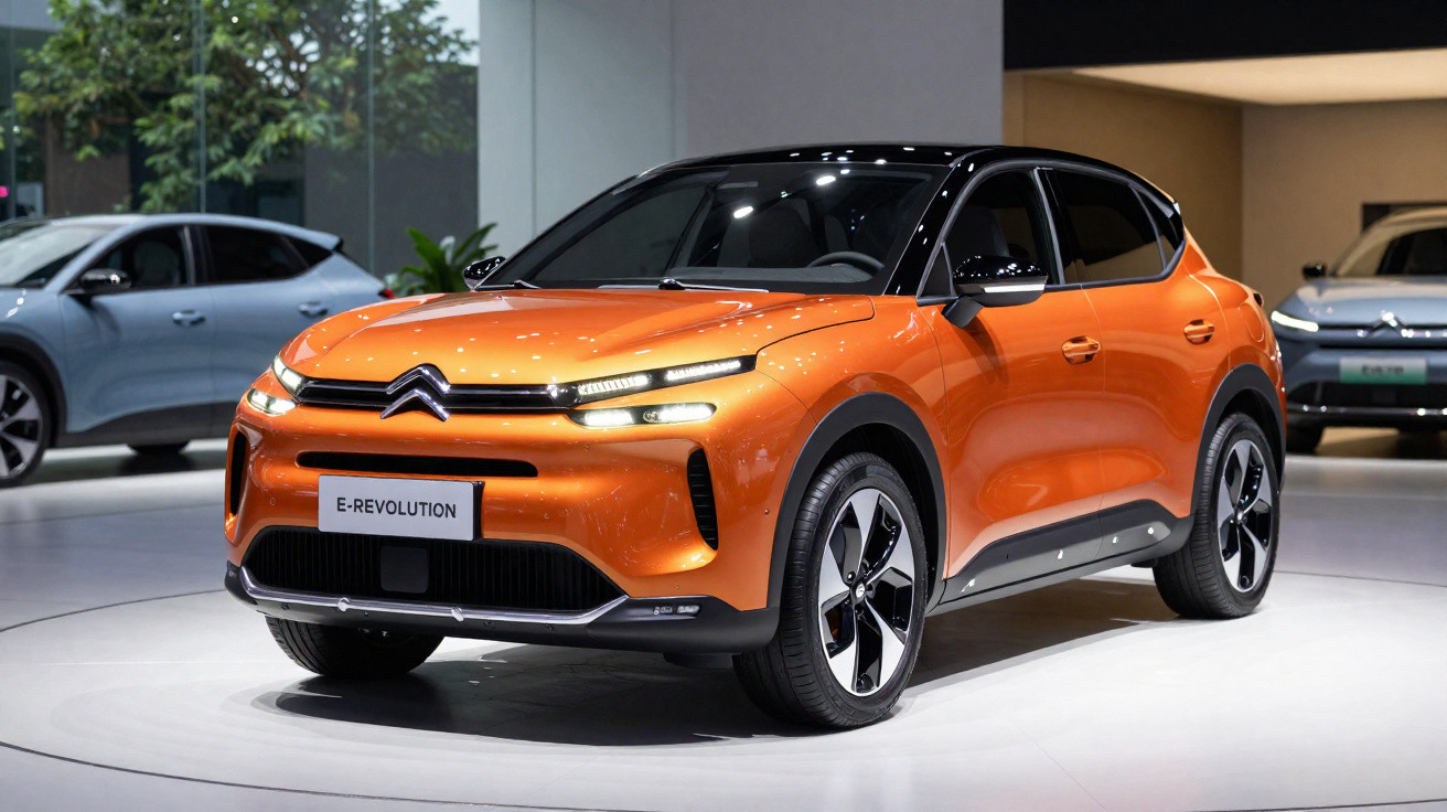 Oranges Citroën E-Revolution Elektro-SUV-Modell auf Ausstellungsfläche in modernem Autohaus.