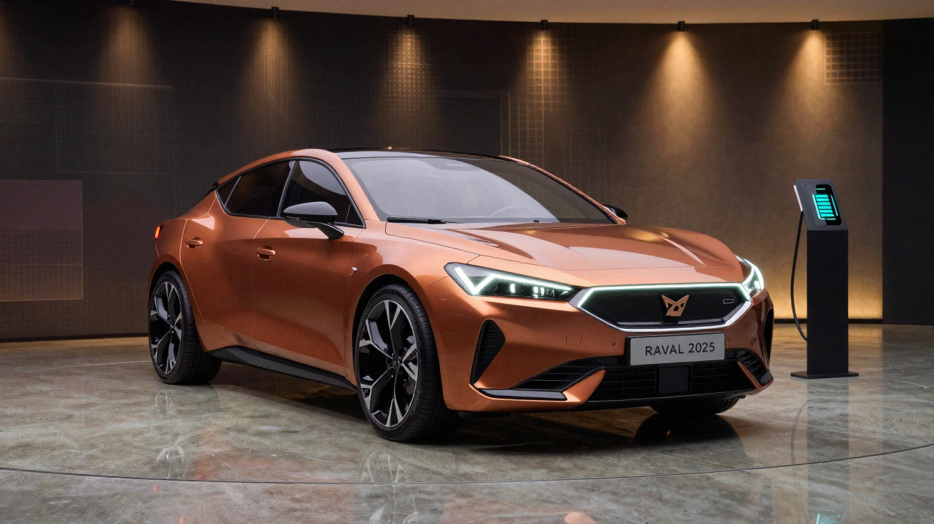 Orangefarbener RAVAL 2025 Sportwagen vor dunklem Hintergrund mit Ladestation und beleuchteten LED-Scheinwerfern.