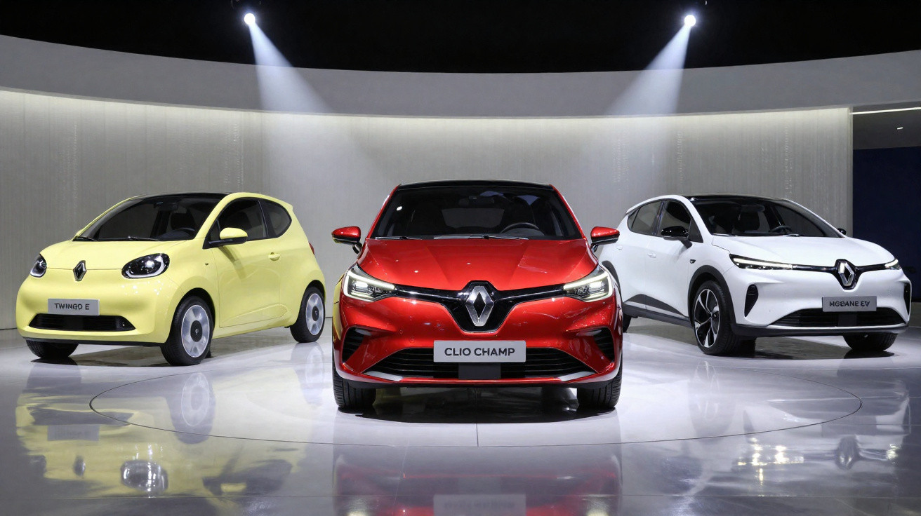 Drei Renault Elektroautos in Gelb, Rot und Weiß auf einer beleuchteten Bühne präsentiert.
