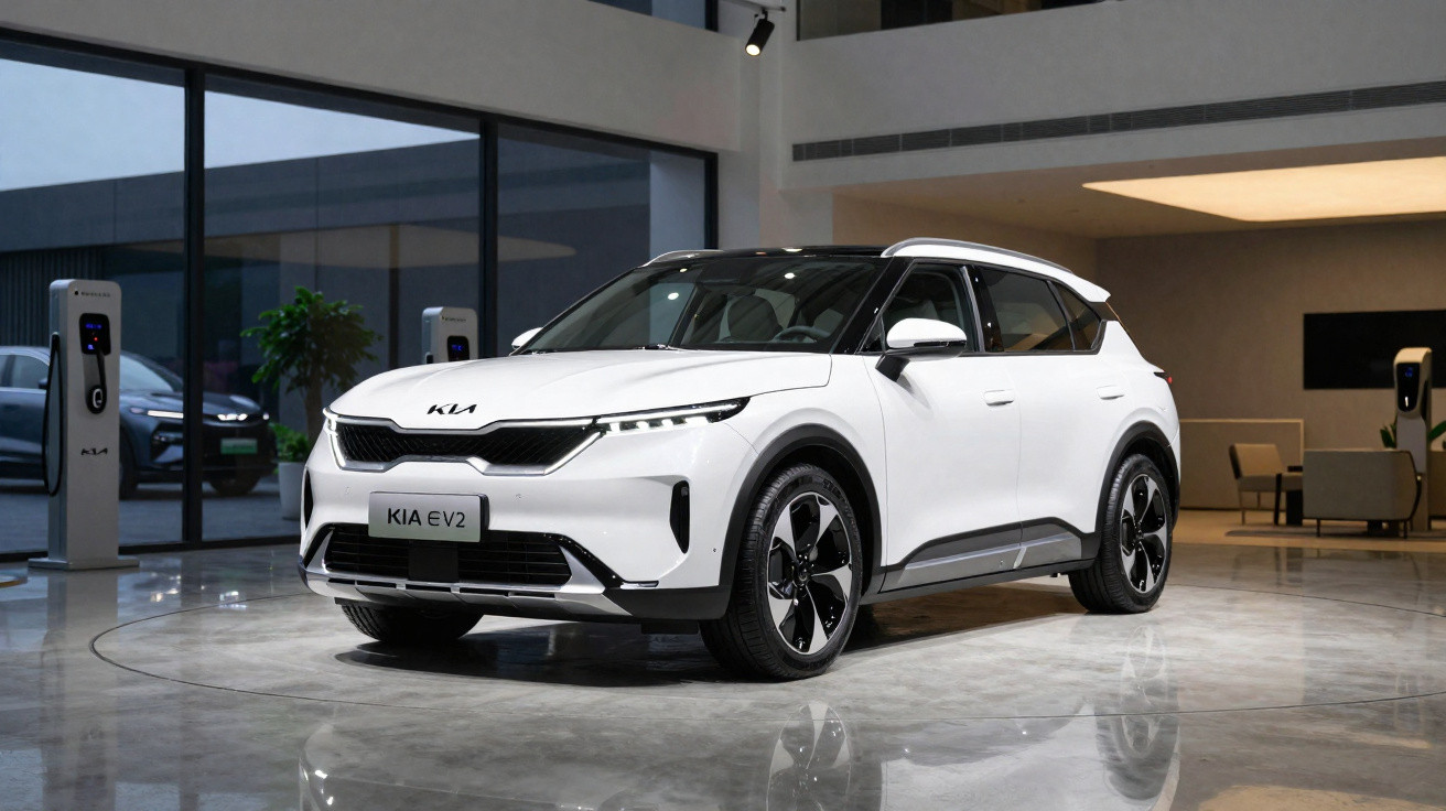 Weißer Kia EV2 Elektro-SUV in modernem Showroom mit Ladestationen im Hintergrund.