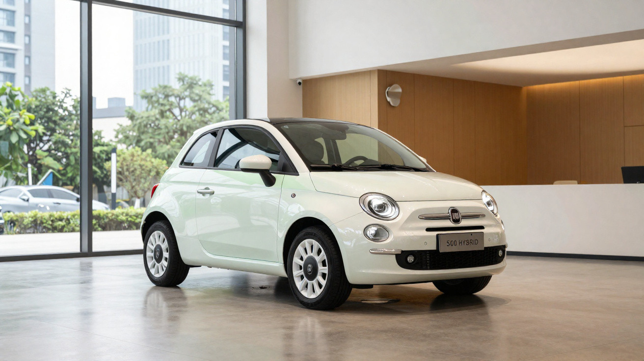 Weißer Fiat 500 Hybrid in einem modernem Raum mit großen Fenstern und Blick auf eine Stadtlandschaft.
